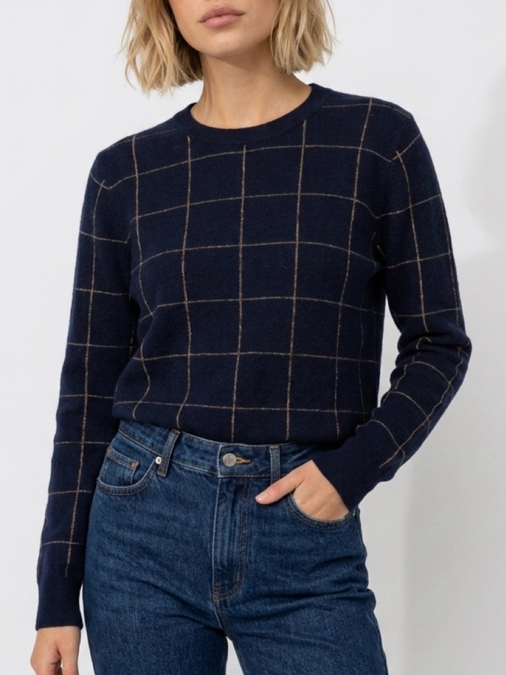 Vince 100% Cashmere Windowpane Plaid Crewneck Sweater Navy Tan Womens L